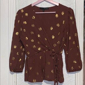 Knox Rose Brown Blouse with Gold Floral Pattern